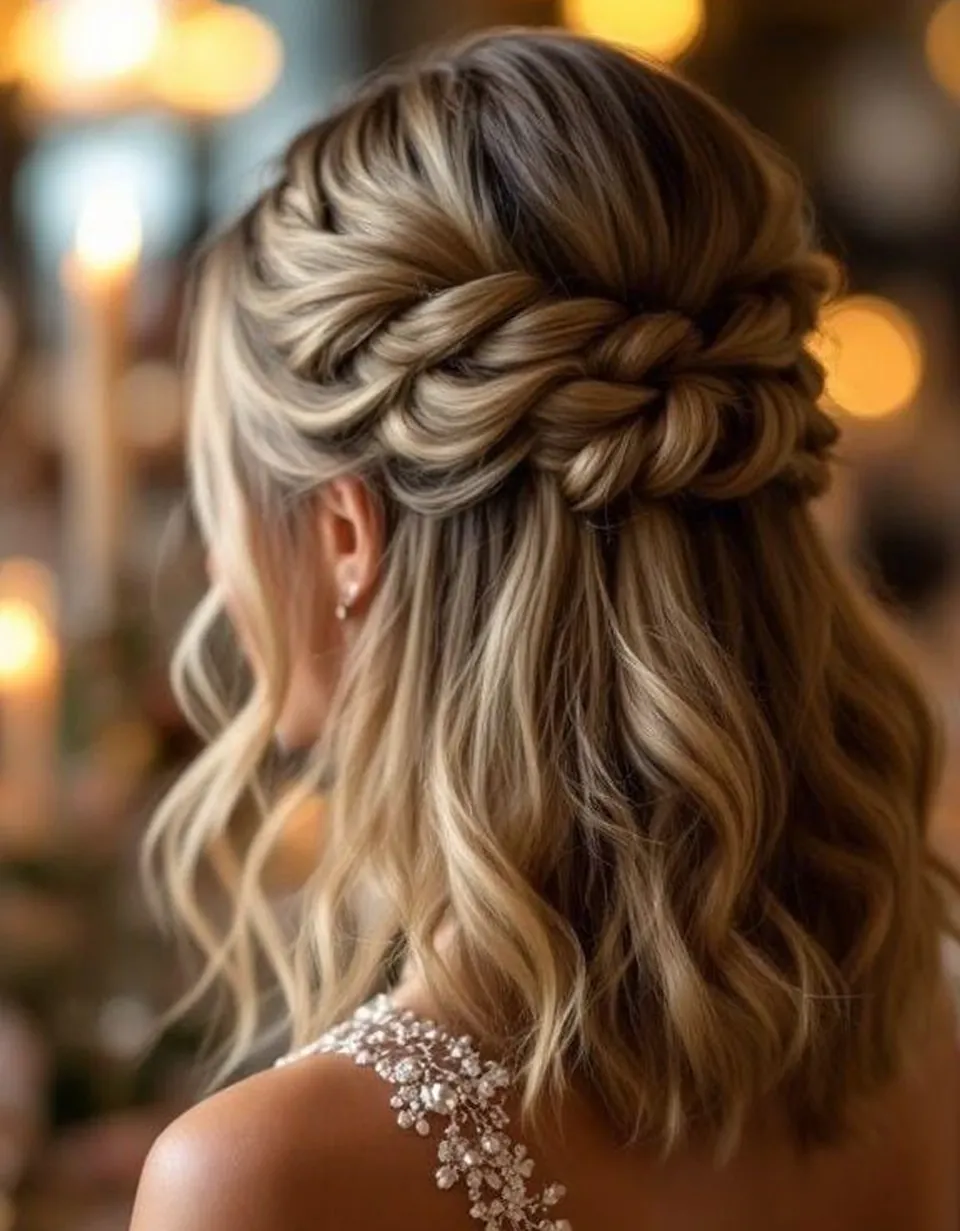 Penteado semipreso com trança e ondas